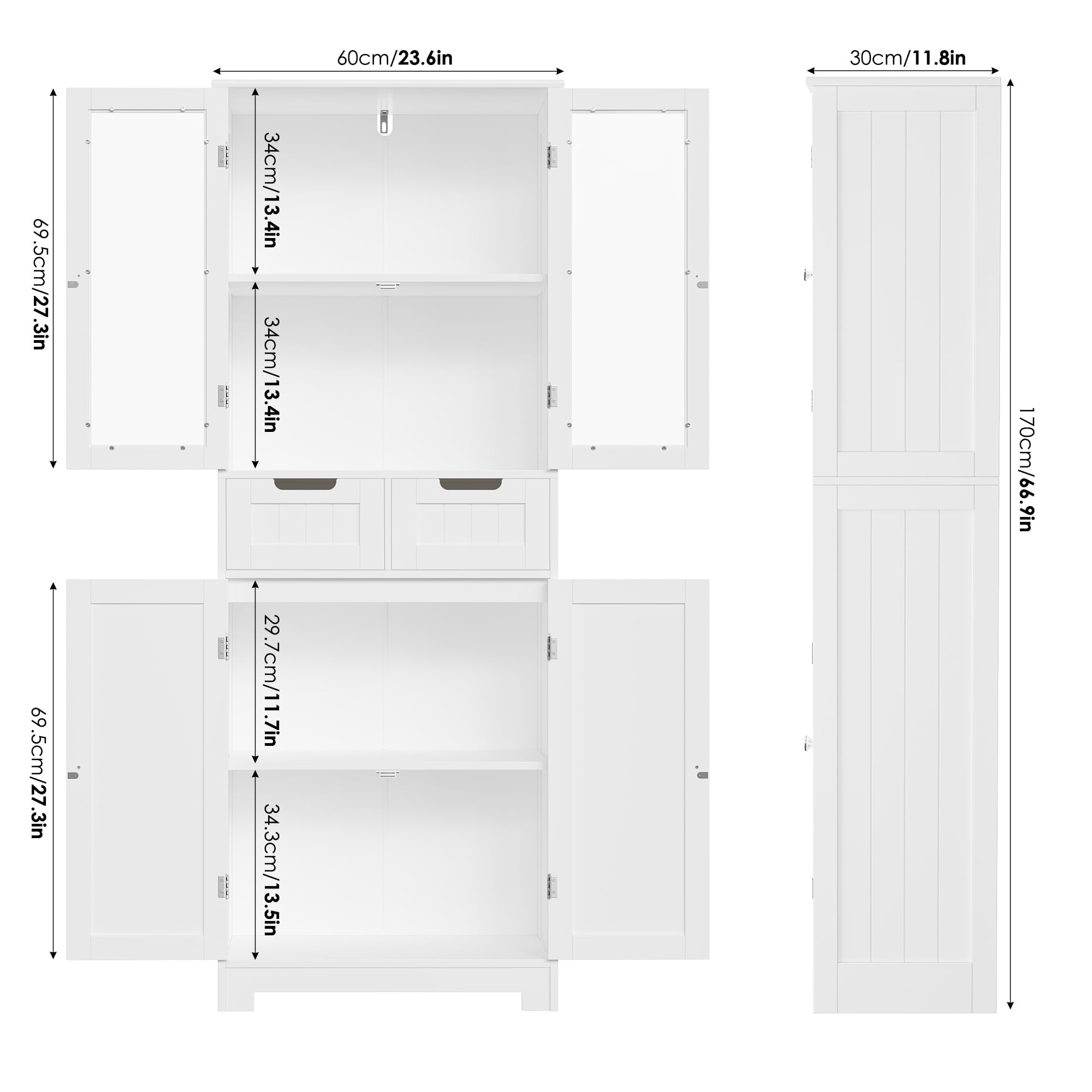 Homfa 4 Doors Bathroom Cabinet, 3-Tier Wood Tall Linen Storage Cabinet with 2 Drawers for Living Room Office, White