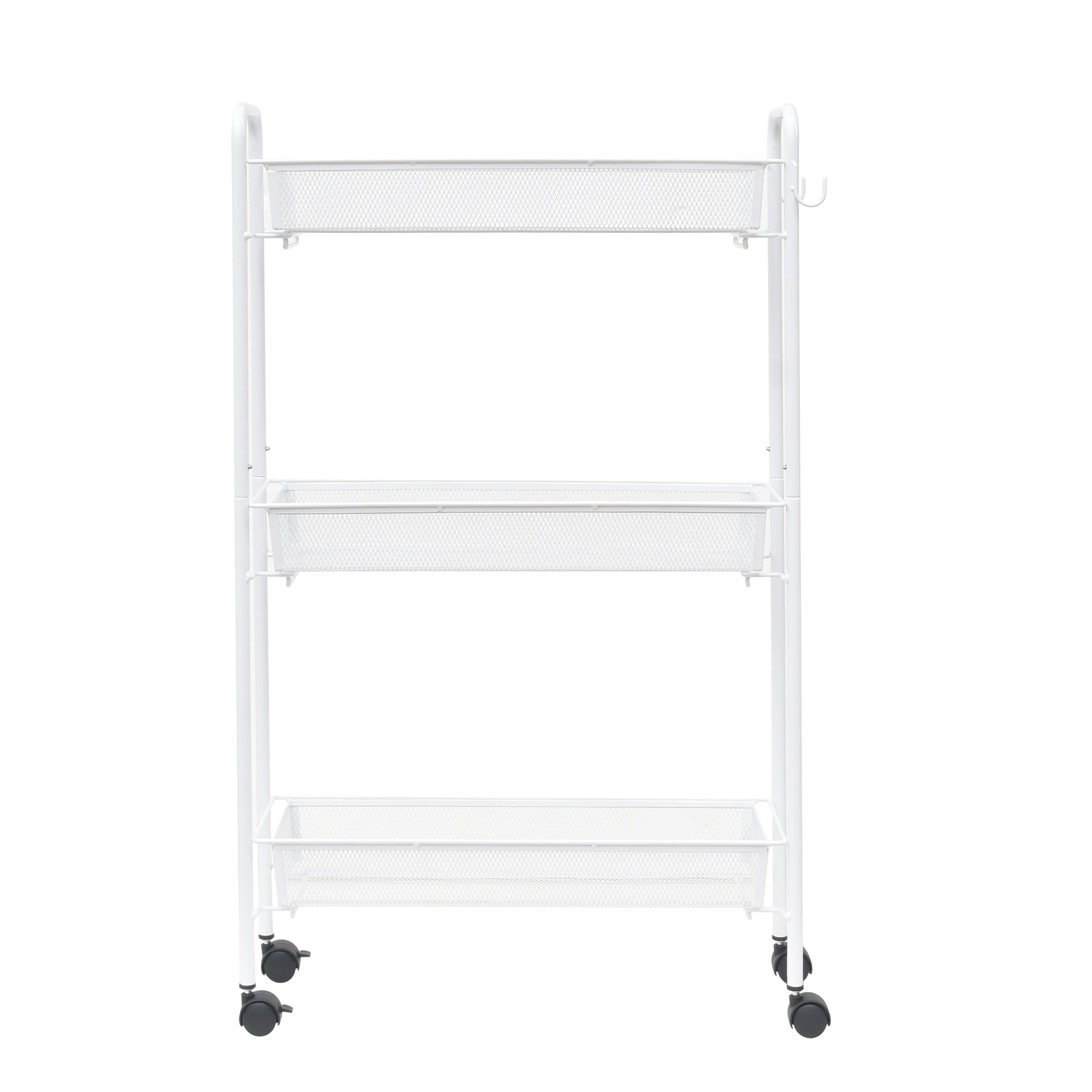 Mainstays 3-Tier Slim Rolling Bathroom Storage Cart with Hooks, White