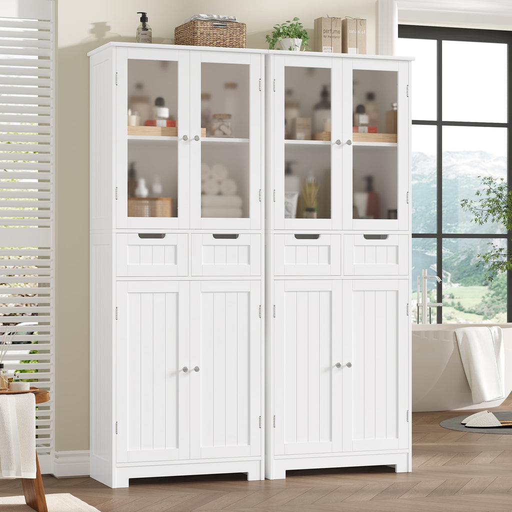 Homfa 4 Doors Bathroom Cabinet, 3-Tier Wood Tall Linen Storage Cabinet with 2 Drawers for Living Room Office, White
