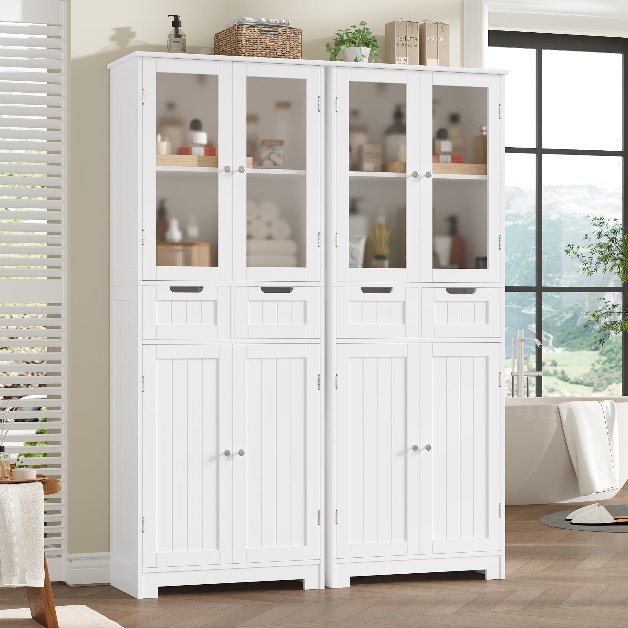 Homfa 4 Doors Bathroom Cabinet, 3-Tier Wood Tall Linen Storage Cabinet with 2 Drawers for Living Room Office, White