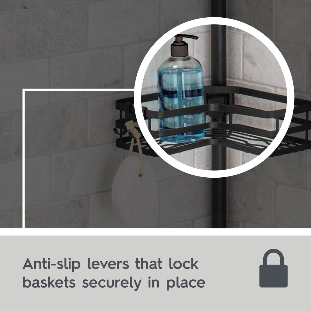 Better Homes & Gardens Matte Black Rust-Resistant Tension Pole Shower Caddy with 3 Adjustable Baskets