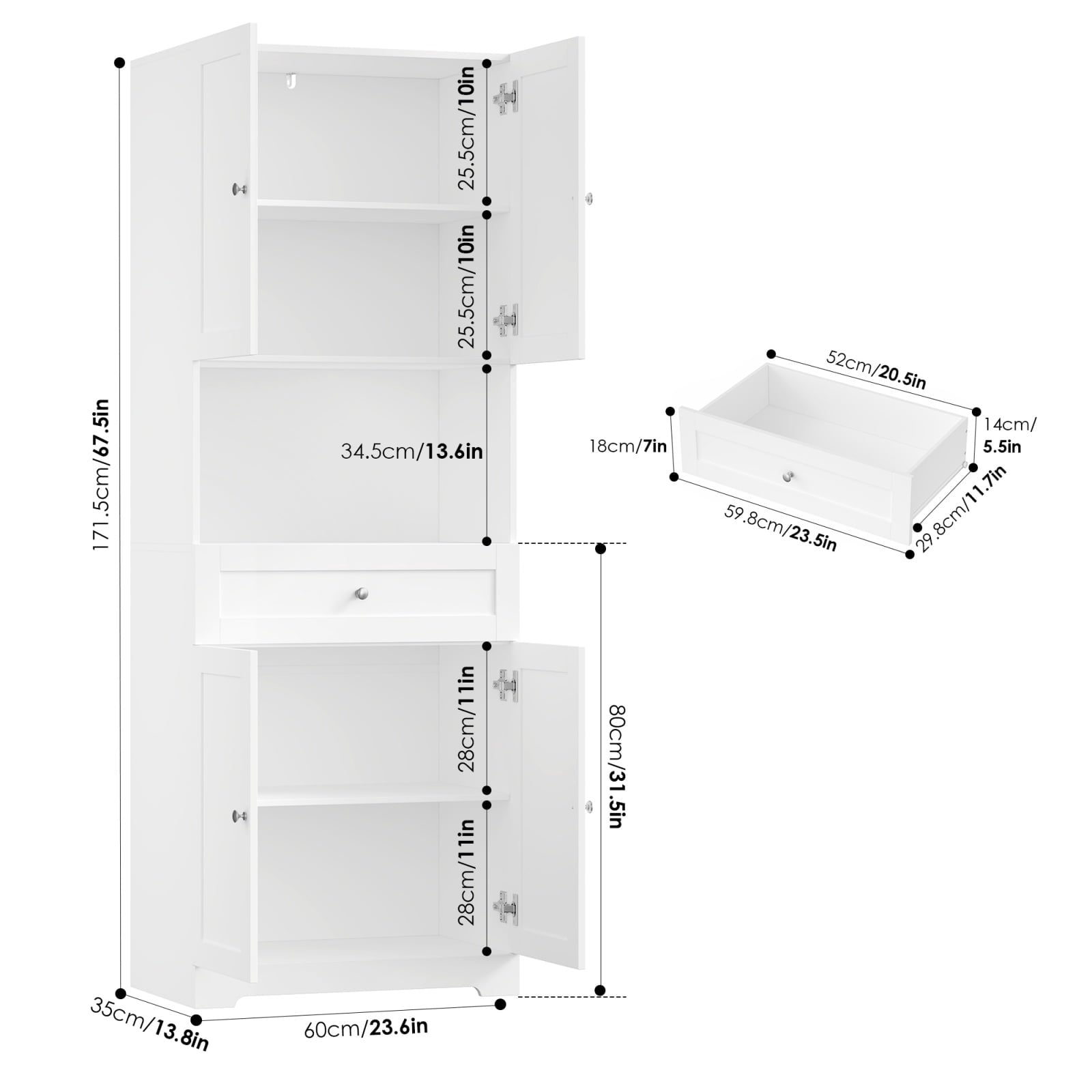 Homfa 67.5" Tall Bathroom Storage Cabinet with Drawer, 4 Door Modern Freestanding Cupboard, White